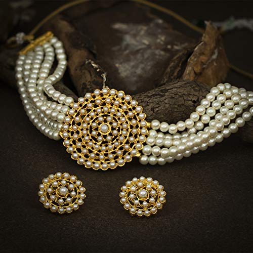 Sukkhi Lavish Gold Plated White Pearl Choker Necklace Set with Stud Earring for Women