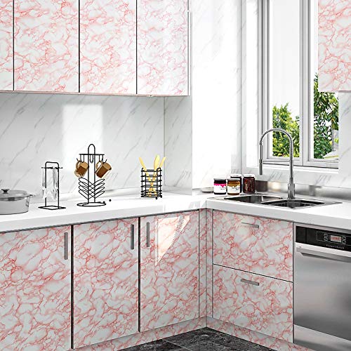 wolpin Wall Stickers Marble Wallpaper Furniture (45 cm x 10 m) Kitchen Cabinets, Almirah, Plastic & Wooden Tabletop, Wardrobe, Makeover PVC DIY Self Adhesive, Jade, Pink & White