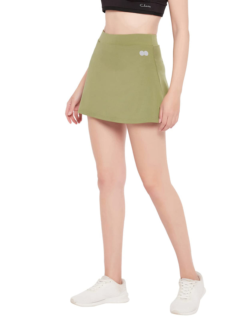 Clovia Women's High-Rise Active Skirt with Attached Shorts (AB0118P11_Green_L)