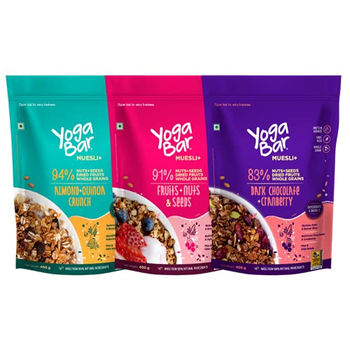 Yogabar Muesli Variety Pack - (Dark Chocolate, Fruits Nuts + Seeds, Almond + Quinoa Crunch) 400g each