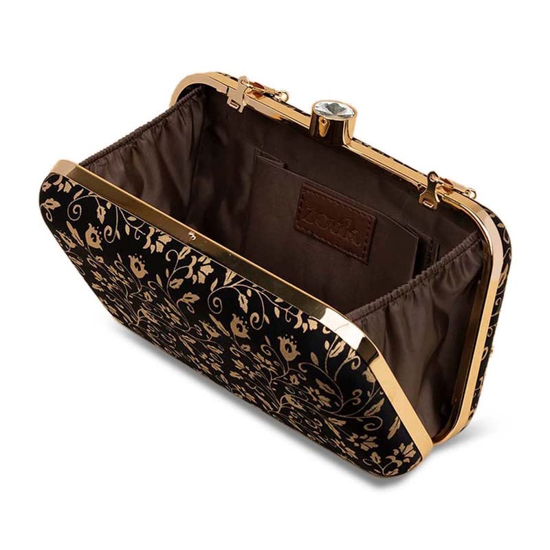 ZOUK Srinagar Garden Floral Printed Women's Mashru silk Black and Golden Clutch