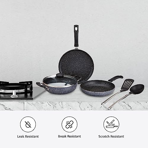 Amazon Brand - Solimo 6 Piece Non-Stick Cookware Set | Granite Finish | Induction Base | PFOA Free | HTR Exterior Coating | 25cm Tawa, 22 cm Kadai, 22cm Fry Pan, 1 Glass Lid & 2 Nylon Spatulas | Grey