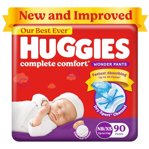 Huggies Complete Comfort Wonder Pants Newborn / Extra Small (Nb/Xs) Size (Up To 5 Kg) Baby Diaper Pants,90 Count,India'S Fastest Absorbing Diaper With Upto 4X Faster Unique Dry Xpert Channel