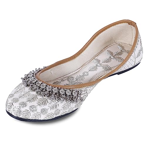 DFR Women’s Rajasthani Embroidered with Payal Punjabi Mojari’s Juttis Jutis Shoe, Cream, UK Size 8