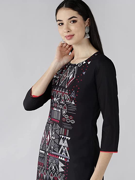 Vaamsi Women's Crepe Digital Geometric Printed Straight Kurta (VPK1619_Black_XL)