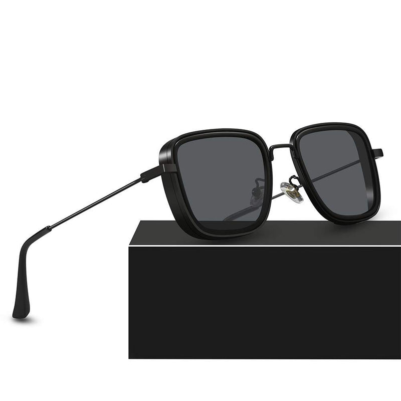 ELEGANTE Men Square Sunglasses Silver, Black Frame, Black Lens (Medium)