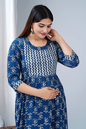 Jikonet Women's Maternity Dress Feeding Kurti with Zippers, Side Pocket (325) (Large, Blue)