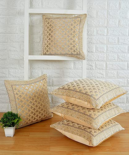 DECOMIZER Jacquard Geomteric Cushion Covers 16 inch x 16 inch Set of 5 Ethnic Motifs Cushion Covers,Design- Star,Color- Beige