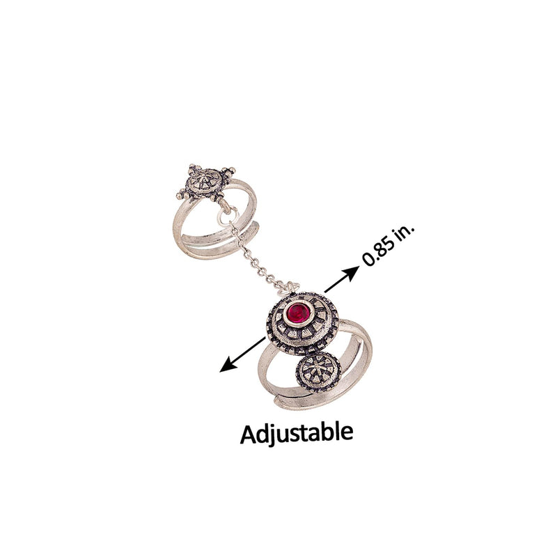 Voylla Brass Silver Oxidised Adjustable Two Finger Ring with Red Stone for Women and Girls