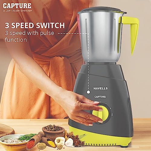 Havells Capture 500W 3 Jar Mixer Grinder, High Speed 21000 RPM Motor, 304 SS Blades, 5 Years Motor Warranty with Overload Protector, 1.5 Ltr Bigger Size Blending Jar I (Grey & Green)