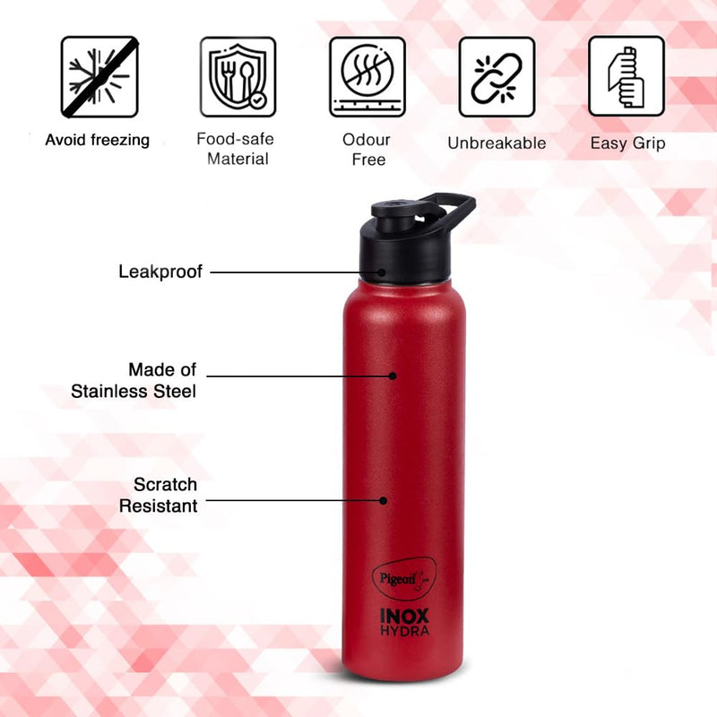 Pigeon by Stovekraft Therminox Stark Plus Vacuum Insulated Flask 1000ml Red + INOX Hydra Red Single Walled Fridge Bottle 900ml Bottle Combo, (Red)|Leak Proof|Kitchen|Travel|Office|Gym|Home|Hiking