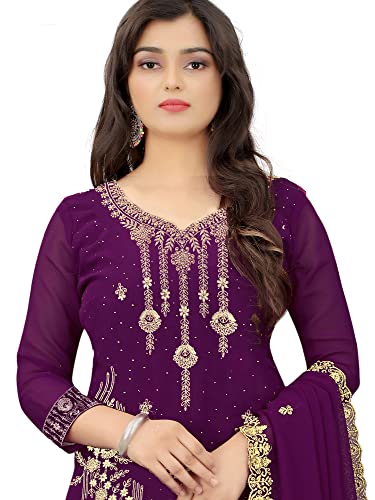 Hirapara Fashion Women's Heavy Designer Embroidered and Diamond Host Work Pure Georgette Salwar Suit Dress Material with Heavy Embroidered Dupatta (Unstitched) (Purple)