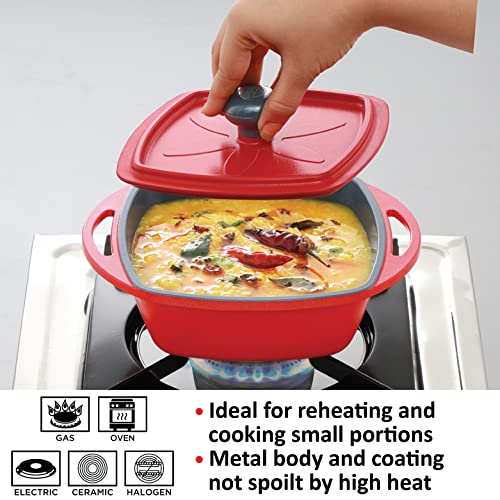 Hawkins Aluminium 0.75 liter Mini Casserole With Lid, Square Series Die-Cast Pan For Cooking, Reheating, Serving And Storing, Red (Mcsr75)