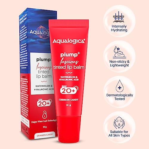 Aqualogica Plump+ Luscious Tinted Lip Balm for Men & Women - Lip Mask for Dry, Dark & Pigmented Lips with Watermelon & Hyaluronic Acid -10g (Crimson Candy)
