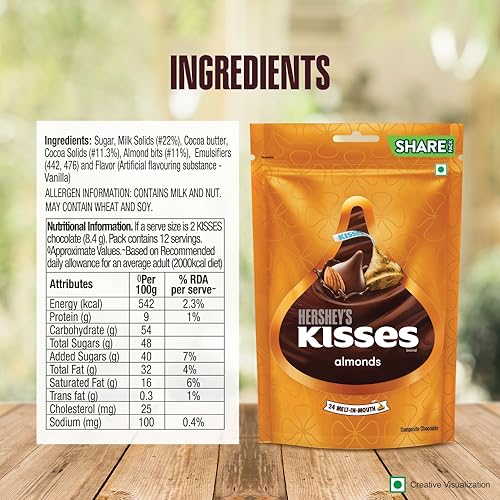 HERSHEY'S KISSES Almonds | Melt-in-mouth Chocolates| Individually wrapped 100.8g pack of 3