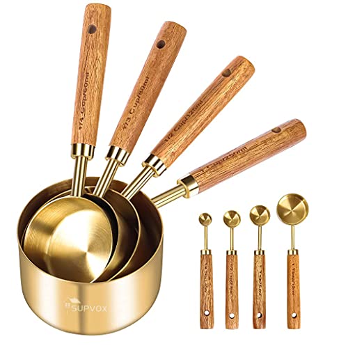 Supvox® Measuring Cups and Spoons with Wood Handle Set of 8, Stainless Steel, Golden Polished Finish, Baking Tools, Dry & Liquid Measuring Cup for Cooking