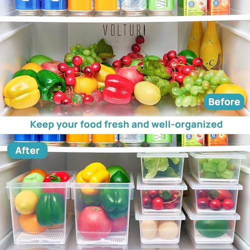 VOLTURI Fridge Storage Boxes (Pack of 6), Fridge Organizer with Removable Drain Plate Fridge Storage Containers Keeps Fruits, Vegetables, Meat, Fish Fresh Longer 1500 ML Container Box