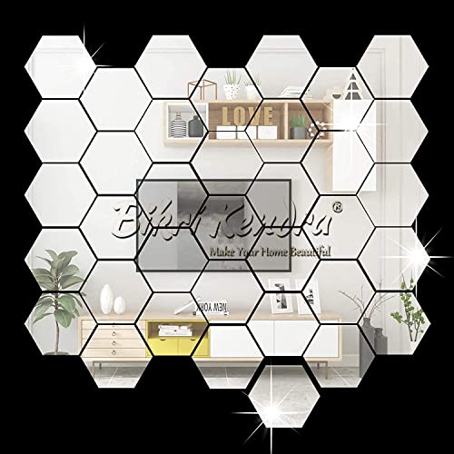 Bikri Kendra 32 Hexagon with 20 Butterfly Silver mirror stickers for wall, hexagon mirror wall stickers, acrylic mirror wall decor sticker, hexagonal mirror wall sticker, wall mirror stickers, wall stickers for hall room, bed room, Kitchen. (Silver32)