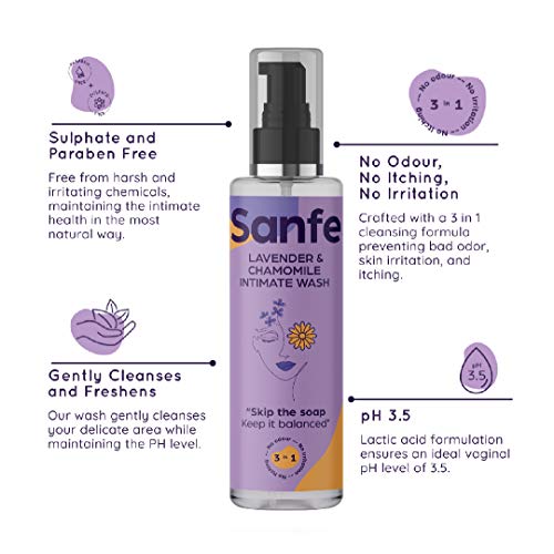 Sanfe Natural Intimate Wash, 3 In 1 - No Odour, No Itching, No Irritation (Lavender and Chamomile) (100ML Wash) | Feminine Wash | Intimate Hygiene | Dermatologically Tested | Chemical Free