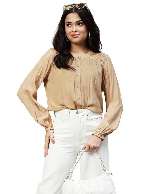 SIRIL Women's Linen Solid Causal Wear Regular Fit Top(387TK7154-XL_Beige)