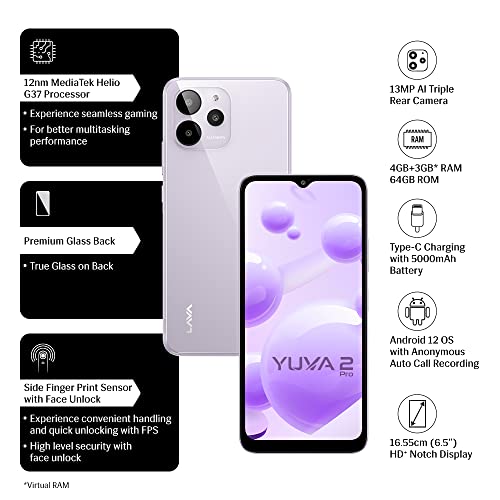 Lava Yuva 2 Pro (Glass Lavender, 4GB RAM, 64GB Storage)| 2.3 Ghz Octa Core Helio G37| 13 MP AI Triple Camera |Fingerprint Sensor| 5000 mAh Battery| Upto 7GB Expandable RAM