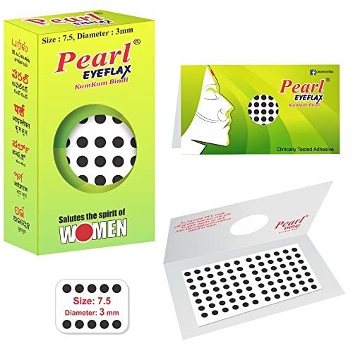 Pearl Eyeflax Velvet Kumkum Bindi with 15 Flaps Box - Self Adhesive, Reusable for Women Ladies Girls (Size 7.5, Diameter 3mm, Black)