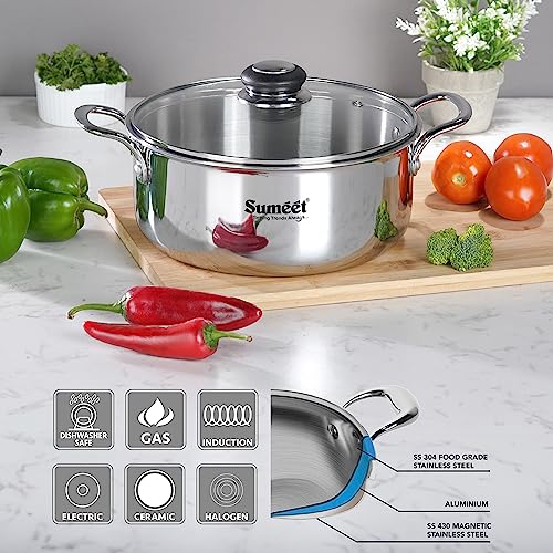 Sumeet Cook Smart TriPly SAS (Steel-Aluminium-Steel - 3 Layers) Casserole/Biryani Pot/Stock Pot with Glass Lid- 6.3Ltr - 30Cm, Silver