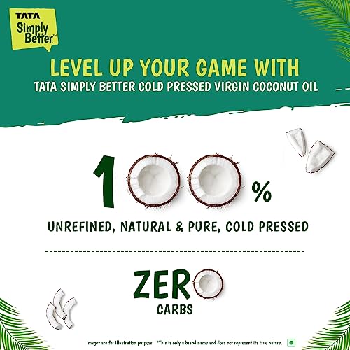 Tata Simply Better Pure and Unrefined Cold Pressed Virgin Coconut Oil, Naturally Cholesterol Free, Coconut Oil with Rich Aroma & Flavour of Real Coconuts, Can Be Used in Daily Cooking, Multipurpose Usage, A1 Grade Coconuts, Purity in Every Drop, 1L