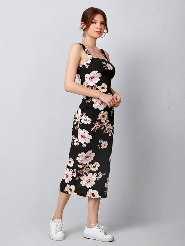 Attire Empire Women Bodycon Black Floral Printed Midi Dress