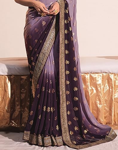 SIRIL Women's Lace & Foil Printed Georgette Saree with Unstitched Blouse Piece(2826S478_Wine, Light Purple)