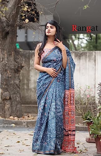 RADHA LAKSHMI Handicrafts Women's Hand Block Bandhani Print Pure Soft Cotton Mulmul Saree Grey Multi Colour Zari Border with Blouse Piece (rangat grey)