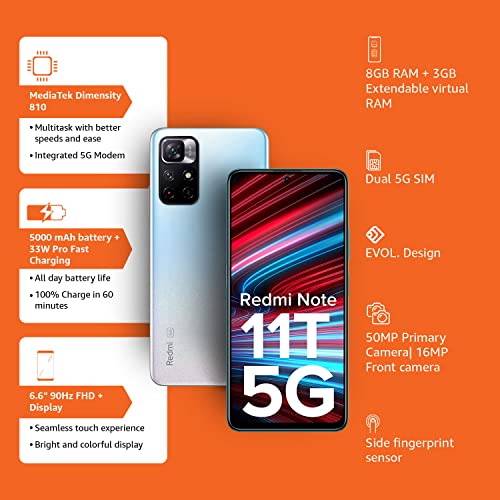 Redmi Note 11T 5G (Stardust White, 8GB RAM, 128GB ROM) | Dimensity 810 5G | 33W Pro Fast Charging | Charger Included | Additional Exchange Offers| Get 2 Months of YouTube Premium Free!