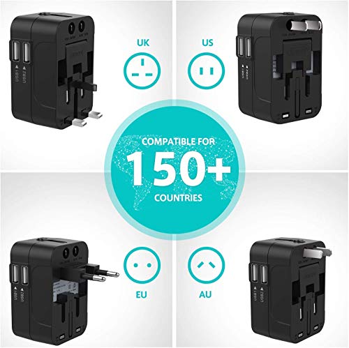 rts Universal Travel Adapter, International All in One Worldwide Travel Adapter and Wall Charger with USB Ports with Multi Type Power Outlet USB 2.1A,100-250 Voltage Travel Charger (Black)