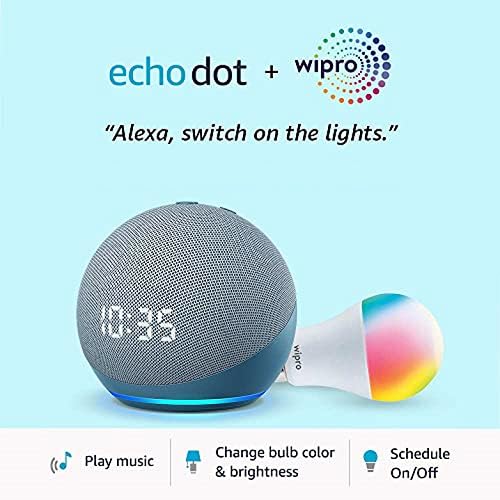 Echo Dot (4th Gen, Blue) with clock combo with Wipro 9W LED smart color Bulb