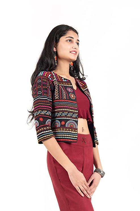 Kaamaha Women's Ethnic Embroidered Work Shrug Jacket Koti JKT 120 BLK new