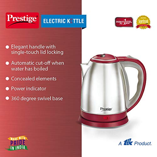 Prestige Stainless Steel 1.5 Litre Kettle 1500-Watts, Red