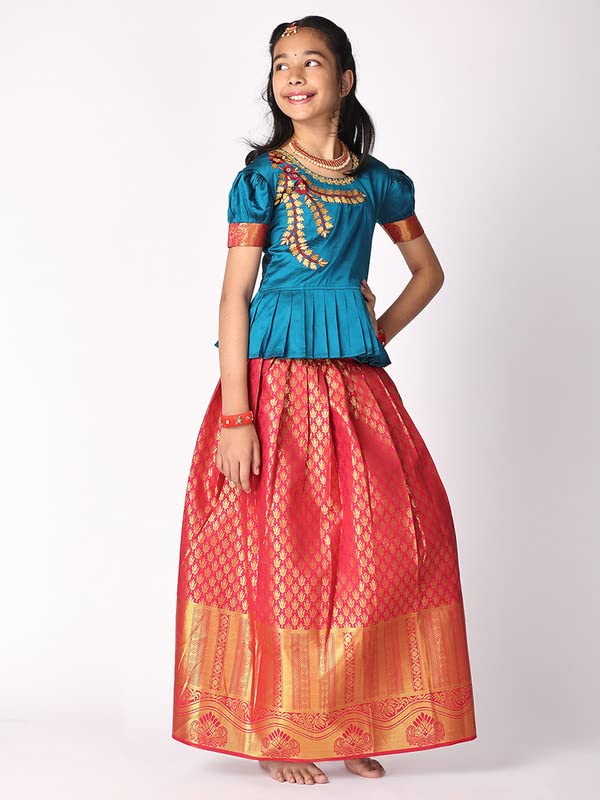 TotzTouch Kids Girls Pattu Pavadai | Lehenga Choli Set South Indian Traditional Wide Zari Border Embroidered Jacquard weave Ethnic Wear Red, Pink, Violet, Blue, Green, Sizes 1 to 10 Years