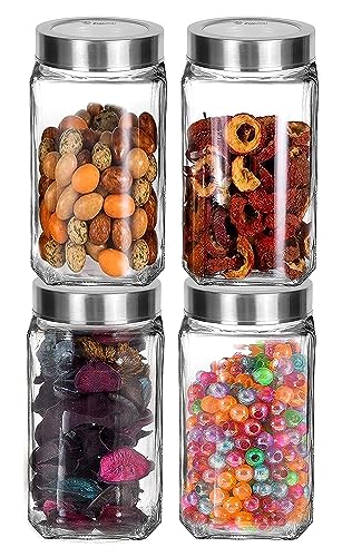 Vency Glass Square Shape Transparent Glass Jars & Containers for Kitchen Pantry, Snacks, Masala, Pickles, Dry Fruits, Coffee Beans Storage with Steel See Through Lid (Set Of 6) (1000ml Steel Cap)