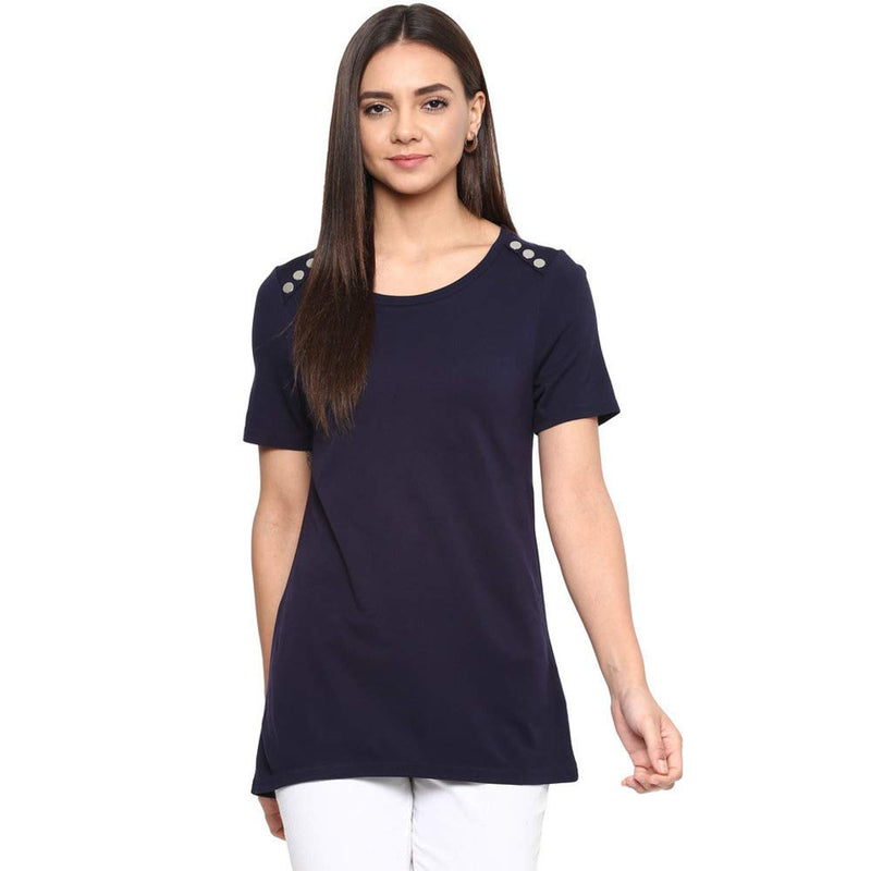 Vero Moda Women's Plain Regular fit T-Shirt (2052734006_Night Sky Small)