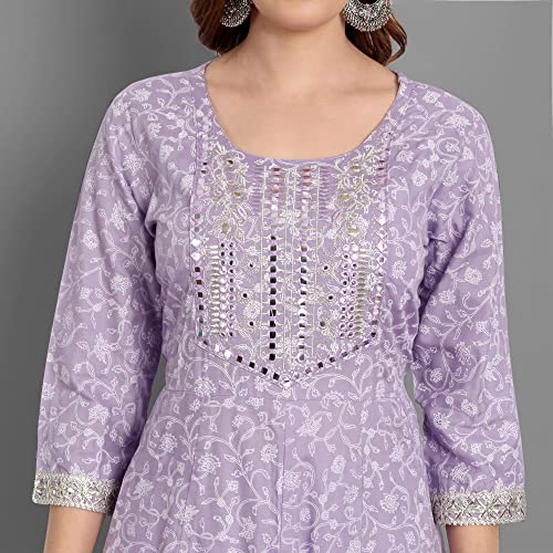 NASRO Women Rayon Anarkali Embroidered Printed Kurta Pant And Dupatta Set(Purple-XL)