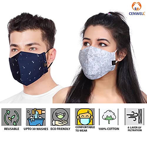 Cenwell 5 Pcs 100% Cotton 3d Mask with Adjustable Earloop, Ear Saver Strap & Meltblown Filter, Printed, Breathable, Reusable, Washable Designer Fabric Face Mask for Men, Women & Teens