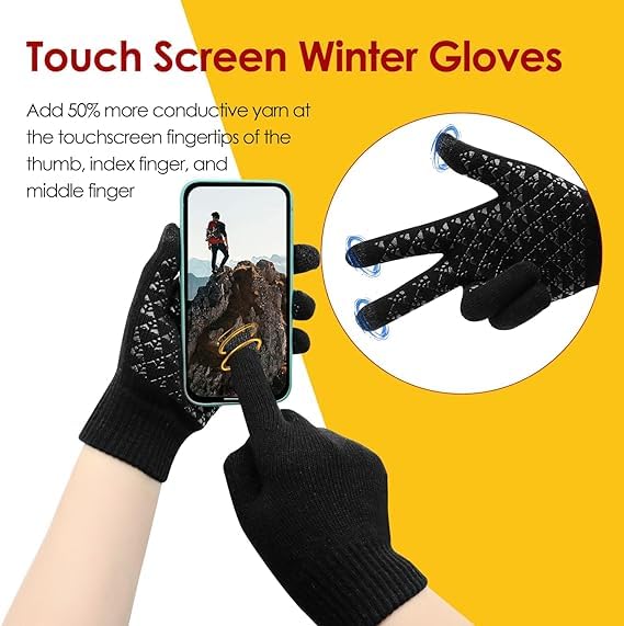 CRENTILA Woolen Winter Hand Gloves for Women Men Cold Weather Upgraded Full Fingers Touchscreen Texting Non-Slip with Thermal soft Knit Lining Windproof Elastic Stretchy Glove for Winters and Surfing