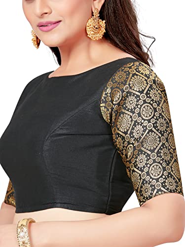 Madhu Fashion Solid Pattern Womens Readymade Saree Blouse with Elbow Length Brocade Sleeves (Black, 34)
