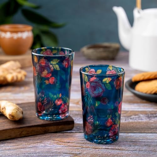 KOLOROBIA Misty Morning Roses Blue Chai Glass/Tea Glass, Flame Proof, Microwave & Dishwasher Safe | for Daily Use & Gifting, (Set of 2)