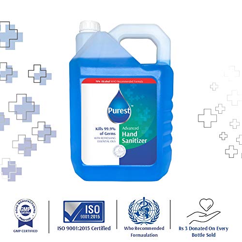 Purest Advanced Blue Liquid Sanitizer Hand Sanitizer 68% Alcohol-Based Kills 99.9% of Germs Without Soap And Water 5 Litre Net 5000 ml Refill Pack Can, (WHO Recommended Formula)