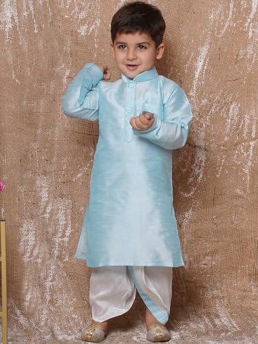 AJ DEZINES Kids Solid Silk Blend Dhoti Kurta Set For Boys (Sky Blue, 12-18 Months)