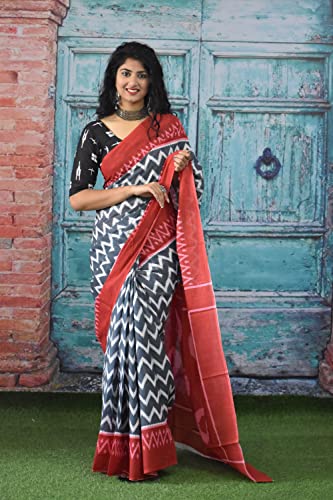JALTHER Handicrafts Women's Ikat Hand Block Print Jaipuri Cotton Mulmul Saree with Blouse Piece_Multicolor 700