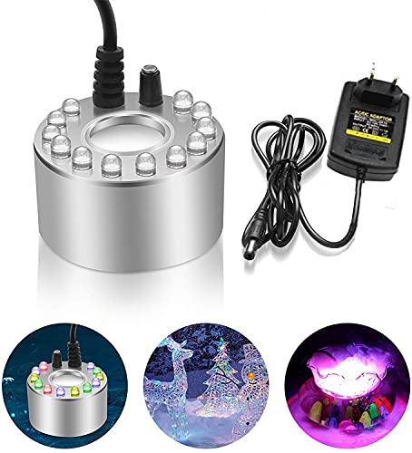 Prescent Party Underwater Mist Maker, Ultrasonic Water Pond Fountain Fogger 12 LED Red Yellow and Blue Light Flashes for Fountains, garden, ponds and tanks, Aluminum