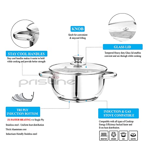 Pristine Stainless Steel Tri Ply Induction Base Cook n Serve Casserole with Glass Lid, 18cm, (2.25L, Silver)