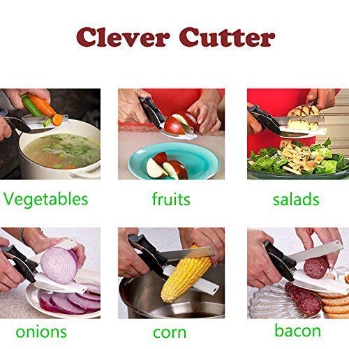 Wazdorf 2-in-1 18/10 Steel Smart Clever Cutter Kitchen Knife Food Chopper and in Built Mini Chopping Board with Locking Hinge; with Spring Action; Stainless Steel Blade (Black)